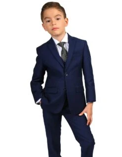 3 Piece Suit - Navy Blue Three Piece Suit - Boys Modern Fit 2 Button Vested Suit In Navy Blue
