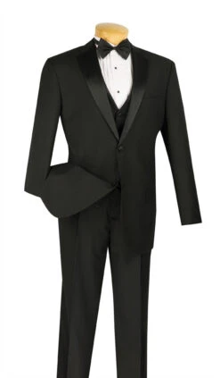 Santorini Collection - Regular Fit Black Tuxedo 4 Piece With Vest Bow Tie Adjustable Waistband