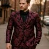 Men’s Black And Deep Pink Floral Tuxedo Suit – Slim Fit 2 Piece Formal Set With Matching Bow Tie