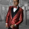Mens Vested One Button Shawl Tuxedo In Geometric Chain Print In Red