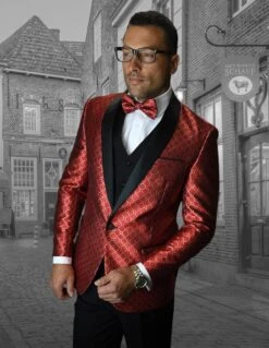 Mens Vested One Button Shawl Tuxedo In Geometric Chain Print In Red
