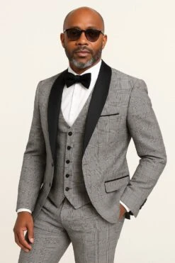 Men's Black And White Plaid Tuxedo – 3 Piece Suit With Black Velvet Shawl Lapel - Gray Glein Tartan Pattern Wedding Suit -Alberto Nardoni Shop 1 5