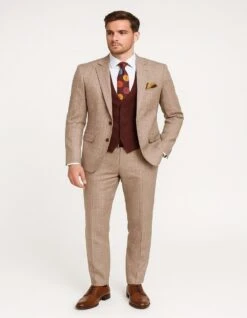 Men's Light Brown Plaid Suit With Burgundy Vest And Colorful Floral Tie – 3 Piece Set - Taupe Windowpane Pattern -Alberto Nardoni Shop 1 7