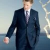 2 Btn Stripe ~ Pinstripe, Flat Front Pants, Side Vents, Pick Stitch, Super 150'S Suit Dark Navy Blue Suit For Men