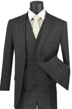 Mens Classic Fit Vested Plaid Suit In Black