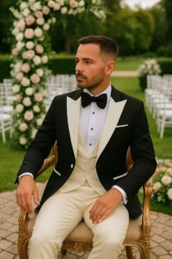 Mens Black And Ivory Tuxedo With Wide Shawl Lapel – 3 Piece Black And Off White Lapel ! Vested Suit -Alberto Nardoni Shop 3 Piece Black and off White Lapels