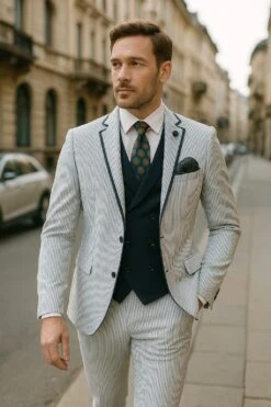 Men's White And Navy Pinstripe Suit With Contrast Trim – 3-Piece Seersucker Style Set For Weddings And Summer Events
