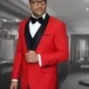 Mens Vested Wool Shawl Lapel Tuxedo In Red