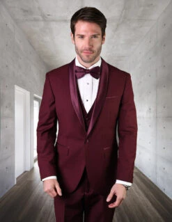 Mens Wool One Button Modern Fit Vested Shawl Prom Tuxedo In Burgundy