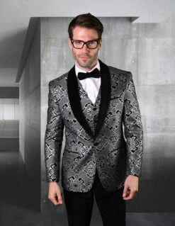 Mens Vested One Button Geometric Print Prom Tuxedo In Black