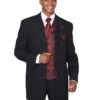 Mens 4 Button Wide Notch Lapel Fashion Zoot Suit In Black & Red