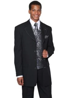 Mens 4 Button Wide Notch Lapel Fashion Zoot Suit In Black