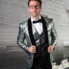 Mens One Button Organic Print Shiny Prom Tuxedo In Green