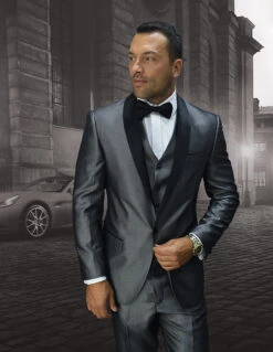 Mens One Button Shiny Vested Shawl Prom Tuxedo In Grey