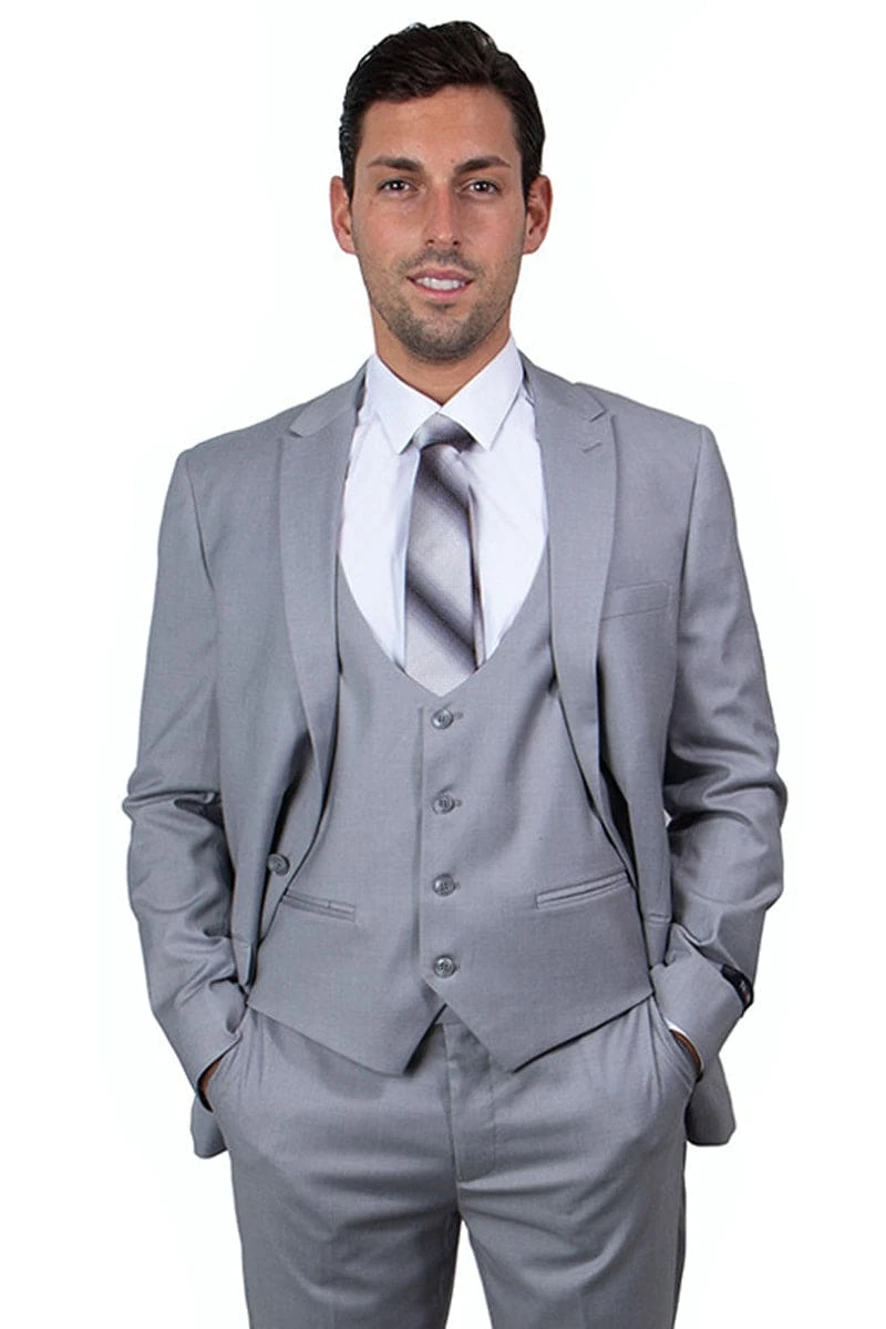 "Men's Skinny Wedding Suit - One Button, Peak Lapel, Lowcut Vest, Light Grey" 1 "Men's Skinny Wedding Suit - One Button, Peak Lapel, Lowcut Vest, Light Grey"