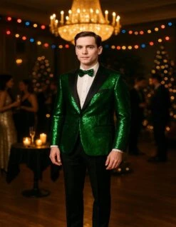 Men's Green Sequin Tuxedo Jacket With Black Satin Lapel And Bow Tie – Sparkling Party And Stage Blazer By Alberto Nardoni