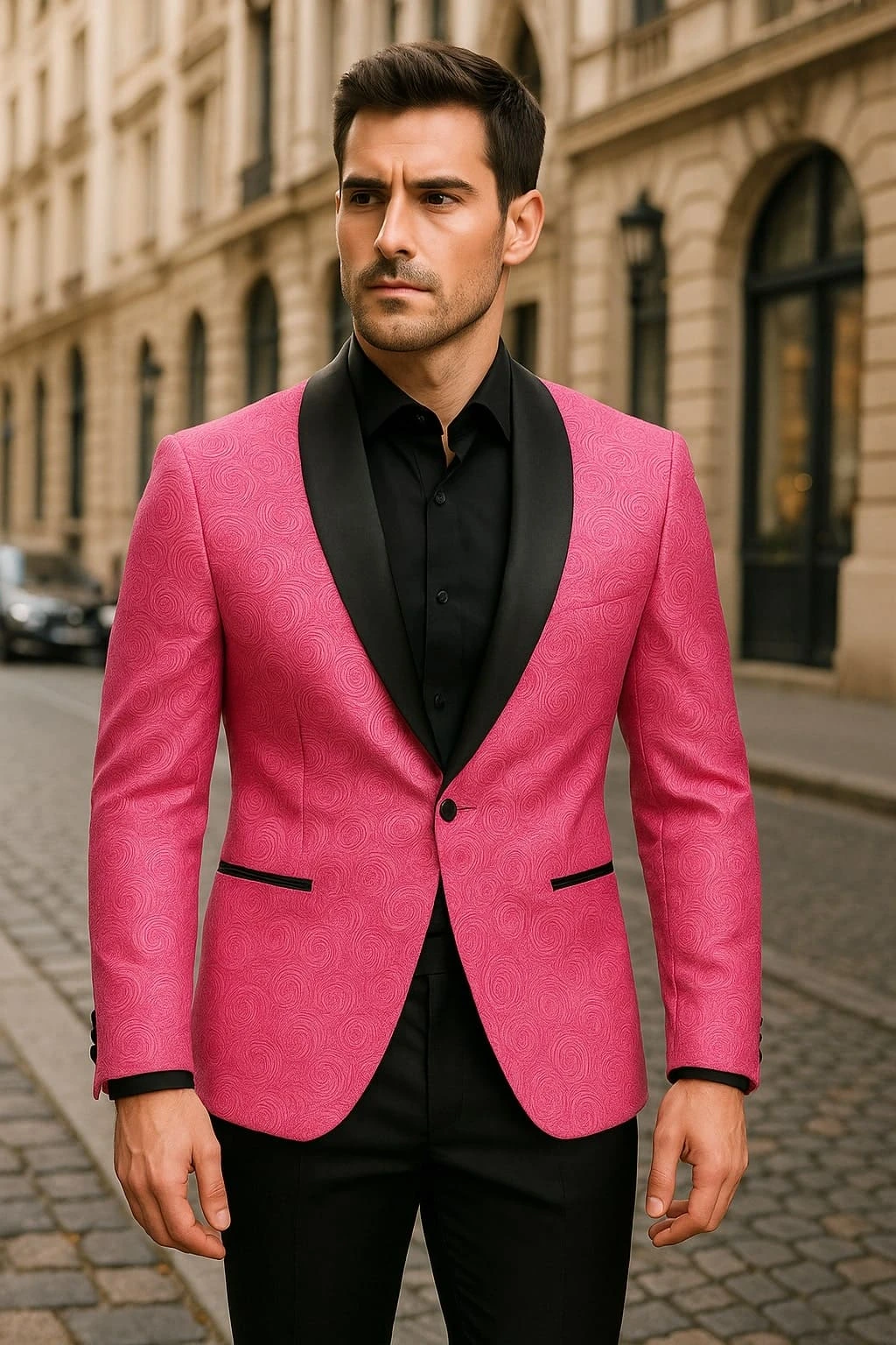 Men’s Hot Pink Paisley Tuxedo Blazer With Black Shawl Lapel Fuchsia Color Dinner Jacket Perfect For Prom 1 Men’s Hot Pink Paisley Tuxedo Blazer With Black Shawl Lapel Fuchsia Color Dinner Jacket Perfect For Prom