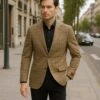 Men's Tan Plaid Blazer – Windowpane Checkered Taupe Colar With Conservative Burgunsih Pattern Mix Perfect For Business