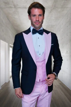 Men’s Black And Pink Wool Tuxedo – Designer Vested Tuxedo With Contrast Satin Peak Lapel For Wedding & Prom