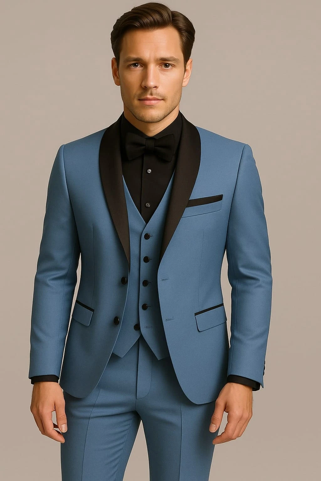 Steel Blue Tuxedo Suit With Black Shawl Lapel – 3 Piece Slim Fit Wedding & Formal Attire In Light Blue Color 1 Steel Blue Tuxedo Suit With Black Shawl Lapel – 3 Piece Slim Fit Wedding & Formal Attire In Light Blue Color