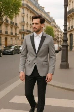 Men's Grey Velvet Tuxedo Jacket With Black Satin Lapel Suit – Mens Blazer + Black Pants