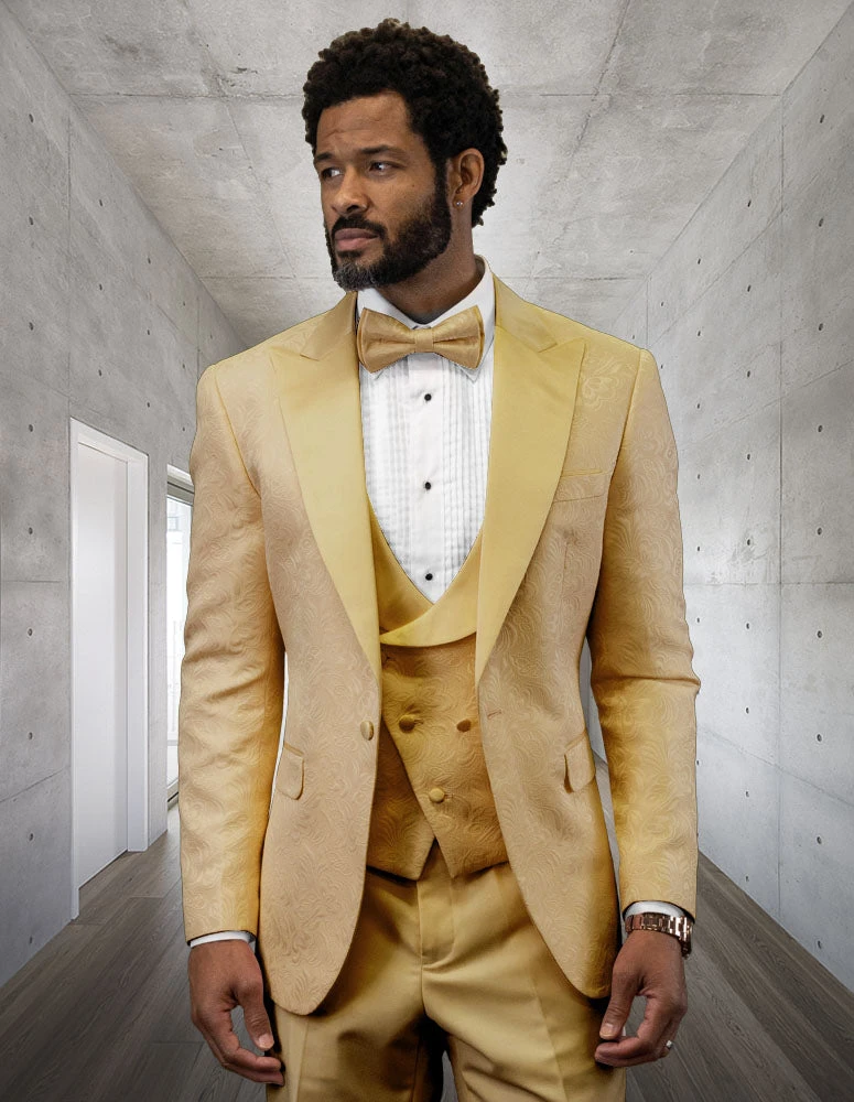 Men's Gold Floral Brocade Three-Piece Tuxedo With Vest And Bow Tie 1 Men's Gold Floral Brocade Three-Piece Tuxedo With Vest And Bow Tie