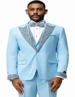 Baby Blue Prom Tuxedo - Perfect Wedding Suit Vested Rhinestone Lapelled