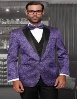 Big And Tall Size Tuxedo Dinner Jacket - Paisley Fabric Blazer In Color Purple