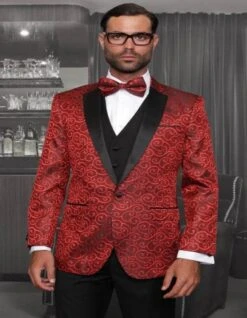 Big And Tall Size Tuxedo Dinner Jacket - Paisley Fabric Blazer In Color Red