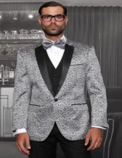 Big And Tall Size Tuxedo Dinner Jacket - Paisley Fabric Blazer In Color Silver