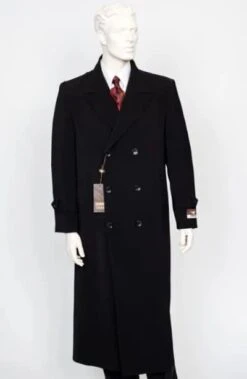 Mens Black Overcoat - Black Double Breasted Overcoat - Full Length Black Topcoat In Australian Wool Fabric In 7 Colors