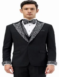 Black Prom Tuxedo - Perfect Wedding Suit Vested Rhinestone Lapelled