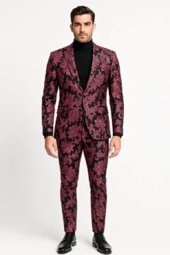 Mens Black And Pink Floral Tuxedo Suit – Magento Fucia Plumish Color Slim Fit 2 Piece Embroidered Outfit For Weddings, Prom And Formal Events