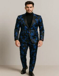 Mens Black And Royal Blue Floral Tuxedo Suit – Slim Fit 2 Piece Velvet Embroidered Outfit For Weddings, Prom, And Formal Events