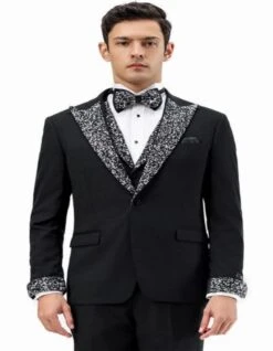 Black And White Prom Tuxedo - Perfect Wedding Suit Vested Rhinestone Lapelled