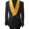 Mens Double Breasted Black Paisley With Gold Lapel Prom Tuxedo