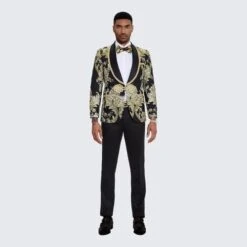 Gold Suit For Prom - Gold Blazer + Matching Pants + Men's Black Tuxedo With Gold Textured Paisley Design- Wedding - Prom