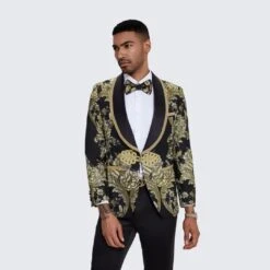 Gold Suit For Prom - Gold Blazer + Matching Pants + Men's Black Tuxedo With Gold Textured Paisley Design- Wedding - Prom -Alberto Nardoni Shop Black Paisley Wedding Tuxedo1