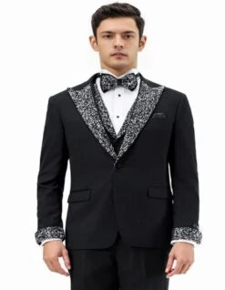 Mens One Button Rhinestone Peak Lapel Vested Prom Black Tuxedo