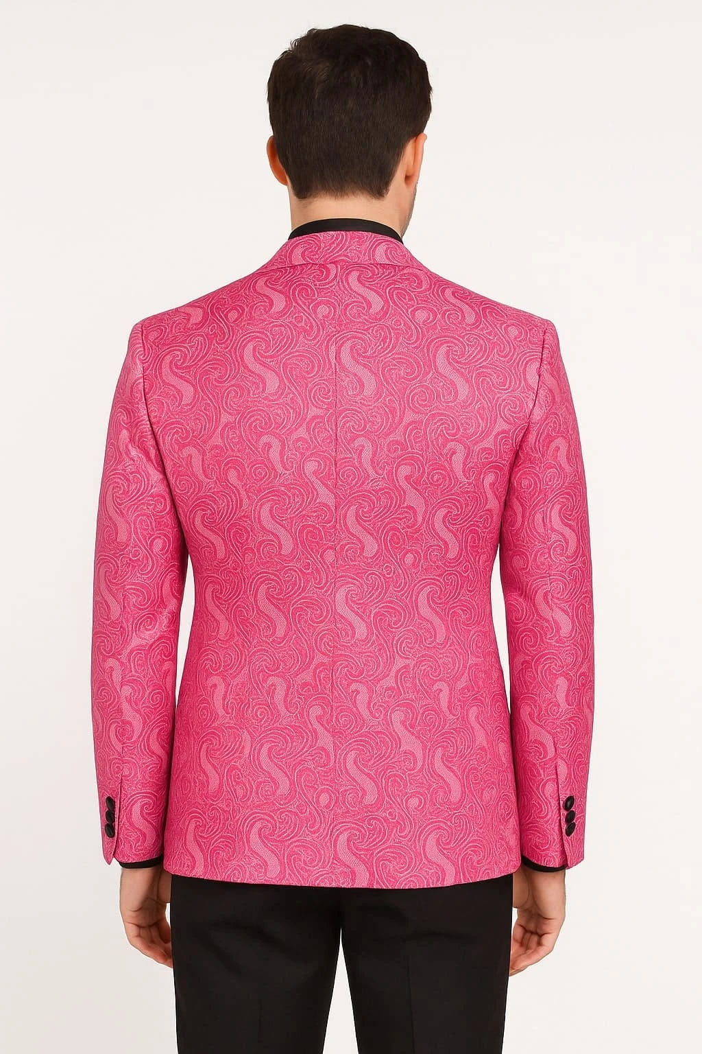 Men’s Hot Pink Paisley Tuxedo Blazer With Black Shawl Lapel Fuchsia Color Dinner Jacket Perfect For Prom 2 Men’s Hot Pink Paisley Tuxedo Blazer With Black Shawl Lapel Fuchsia Color Dinner Jacket Perfect For Prom - Image 2