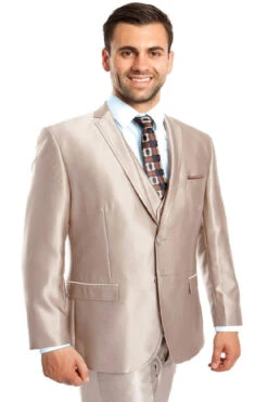 "Sharkskin Wedding Suit For Men - Two Button Vested, Champagne Light Tan" Champagne Prom 2025 Suits