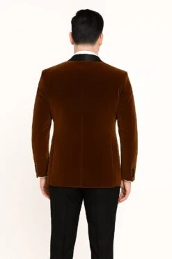 Mens Brown Velvet Tuxedo With Black Satin Shawl Lapel – One Button Formal Suit Jacket -Alberto Nardoni Shop Brown Velvet Tuxedo with Black Satin