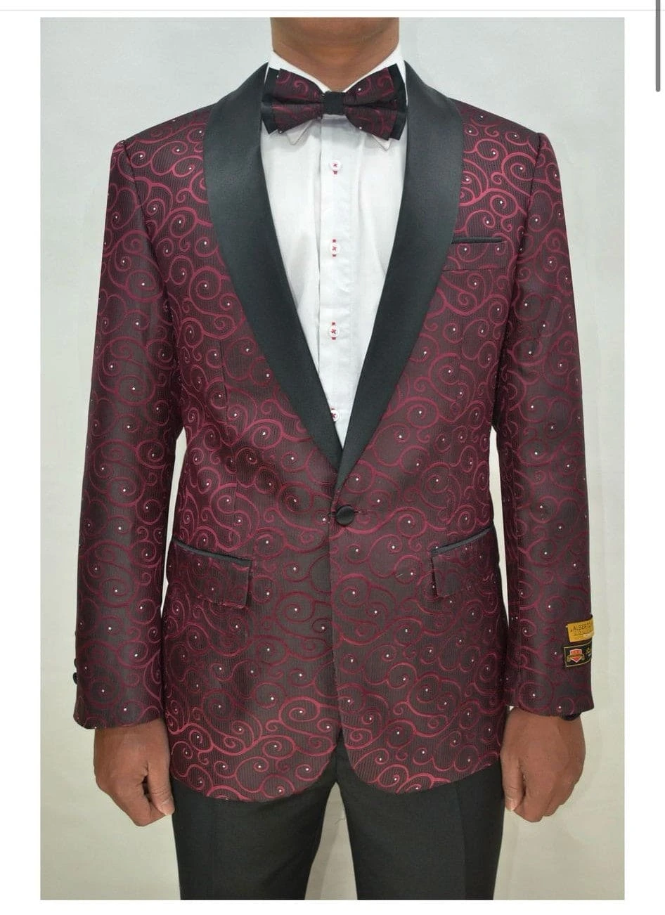 Paisley-300 Burgundy And Black Tuxedo Blazer With Bow Tie 2 Paisley-300 Burgundy And Black Tuxedo Blazer With Bow Tie - Image 2