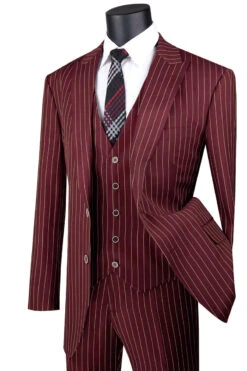 Mens Vested Gangster Pinstripe 1920's Vintage Suit In Burgundy With Gold Pinstripes