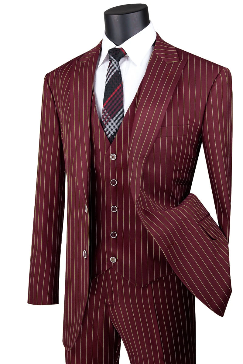 Mens Vested Gangster Pinstripe 1920's Vintage Suit In Burgundy With Gold Pinstripes 1 Mens Vested Gangster Pinstripe 1920's Vintage Suit In Burgundy With Gold Pinstripes