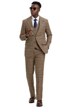 Plaid Suit - Windowpane Suit - Checkered Suit - Mens Vested Camel Suit -Alberto Nardoni Shop CAMEL1