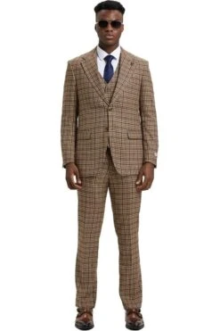 Plaid Suit - Windowpane Suit - Checkered Suit - Mens Vested Camel Suit -Alberto Nardoni Shop CAMEL34