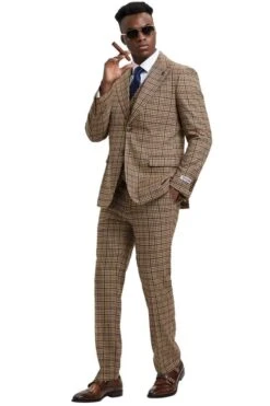 Plaid Suit - Windowpane Suit - Checkered Suit - Mens Vested Camel Suit -Alberto Nardoni Shop CAMEL456