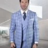 Mens Vested Classic Fit Double Breasted Vest Suit In Light Blue Plaid