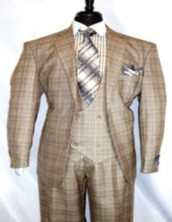 Plaid Suit For Summer - Khaki Color Suit - Camel Suit With Double Breasted Vest In Dark Tan Color